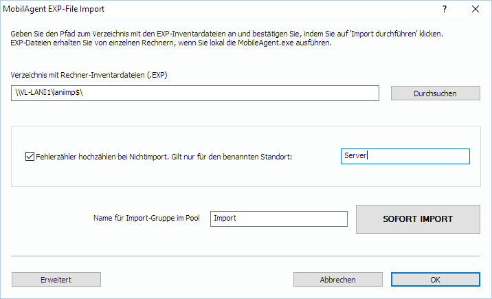 Lan-Inspector 12 – Screenshot zu MobilAgent-EXP-Datei-Import