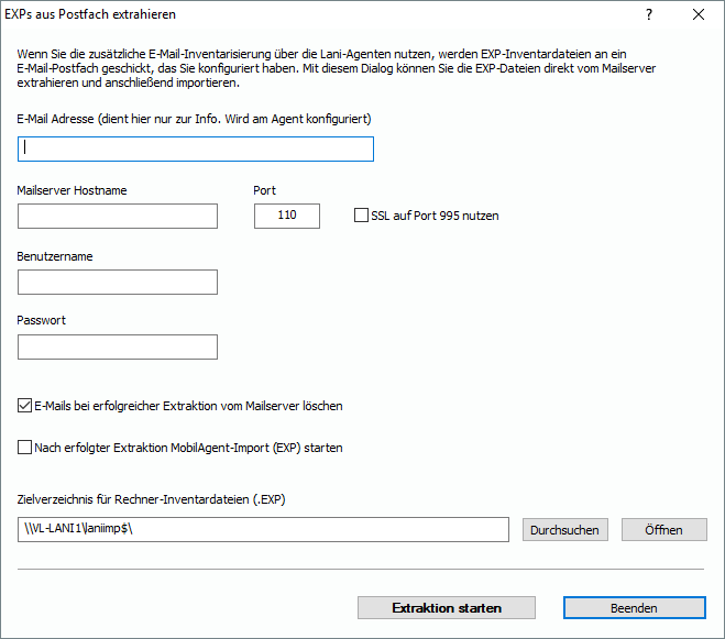Lan-Inspector 12 – Screenshot zu EXP-Dateien aus der Mailbox extrahieren / E-Mail-Inventarisierung