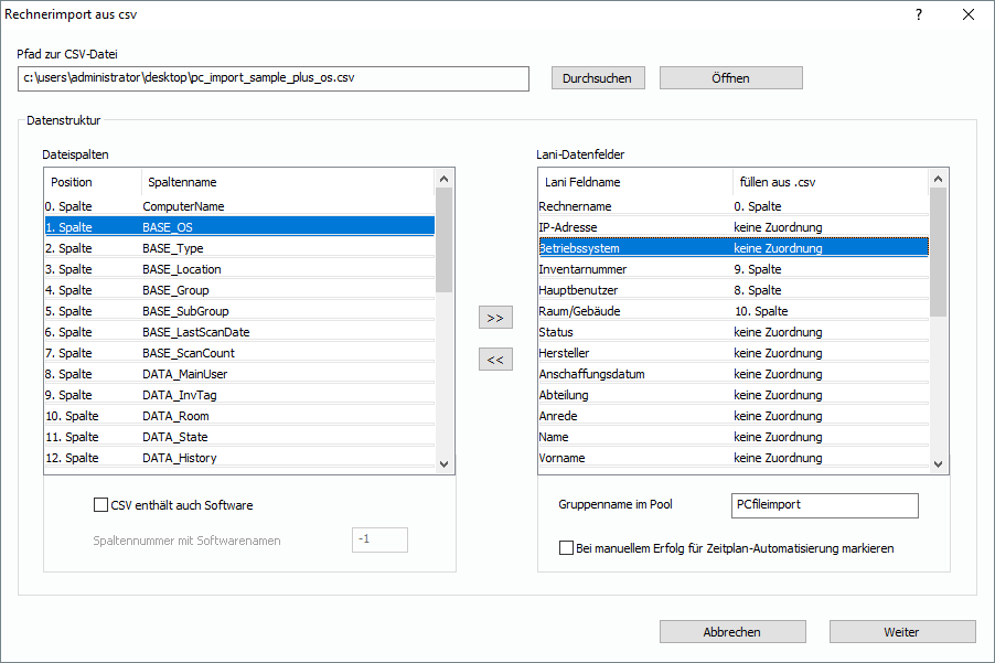 Lan-Inspector 12 – Screenshot zu Rechner-/Objektimport aus CSV (ohne Software)