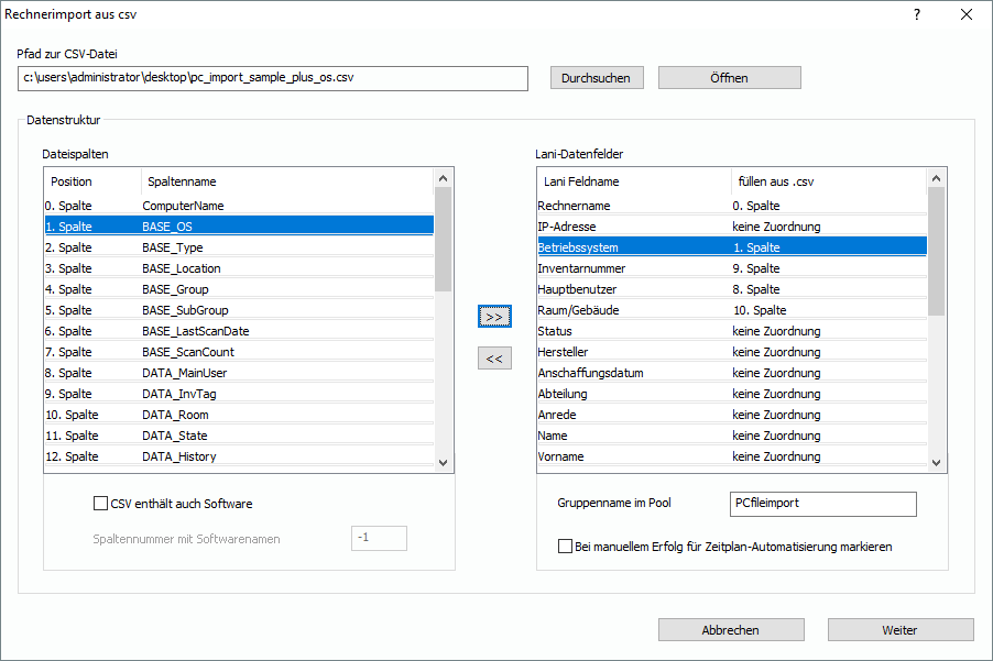 Lan-Inspector 12 – Screenshot zu Rechnerimport aus CSV (ohne Software, mit Betriebssystem)