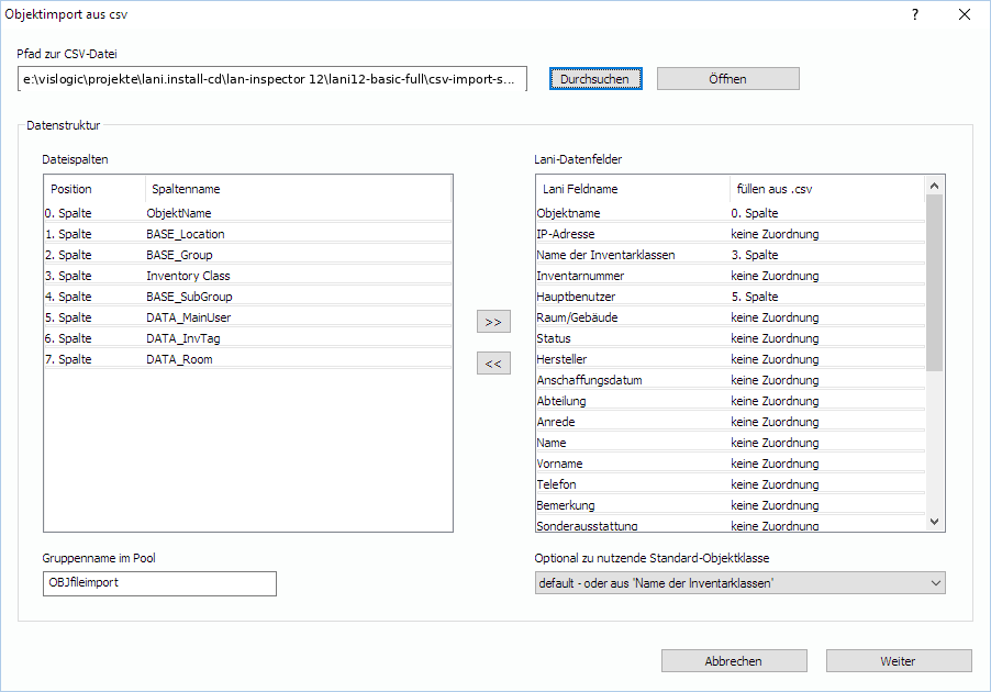Lan-Inspector 12 – Screenshot zu Objektimport aus CSV