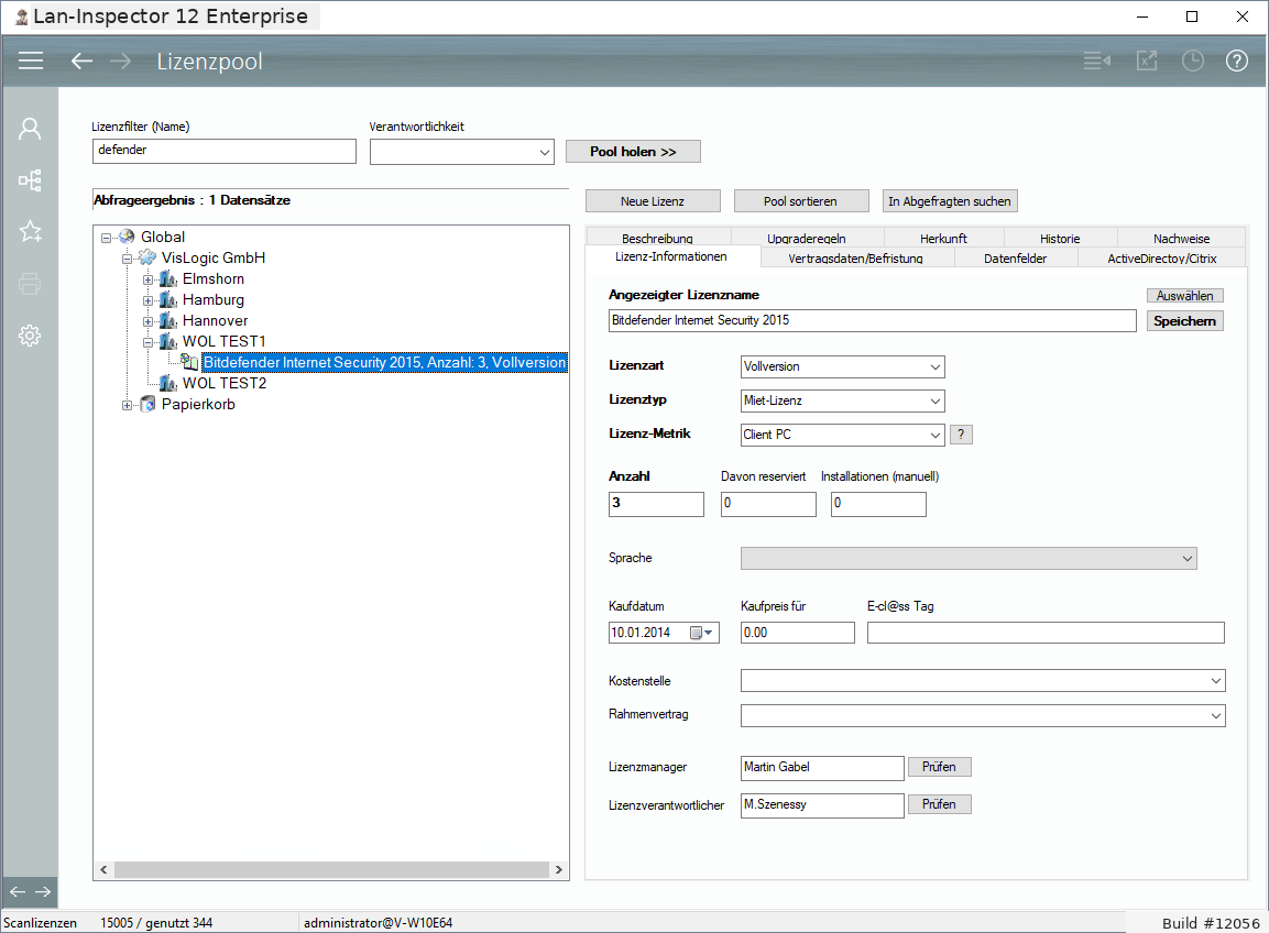 Lan-Inspector 12 – Screenshot zu Lizenzpool / Lizenzeingabe