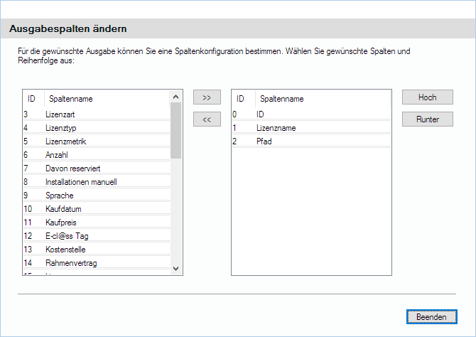 Lan-Inspector 12 – Screenshot zu Ausgabespalten der Lizenzabfrage ändern