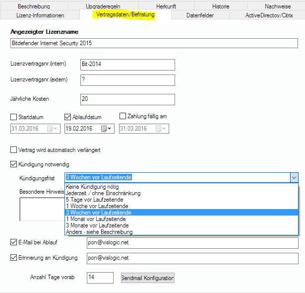 Lan-Inspector 12 – Screenshot zu Vertragsdaten / Befristung / Kündigung