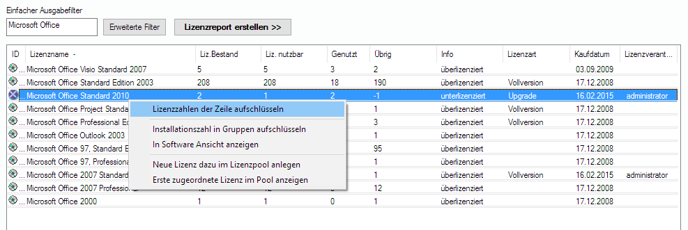 Lan-Inspector 12 – Screenshot zu Lizenzbilanz (2)