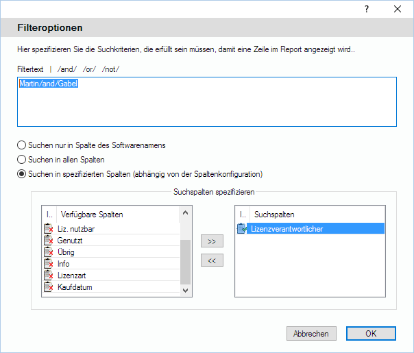 Lan-Inspector 12 – Screenshot zu Erweiterte Filter des Lizenzreports