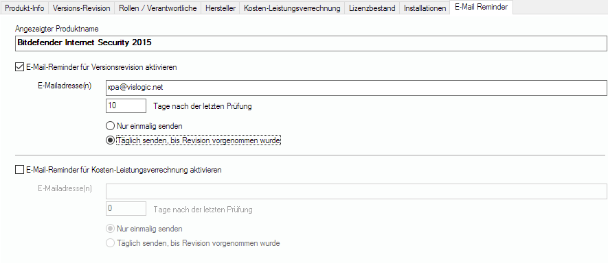 Lan-Inspector 12 – Screenshot zu E-Mail-Erinnerung für die Softwareverwaltung