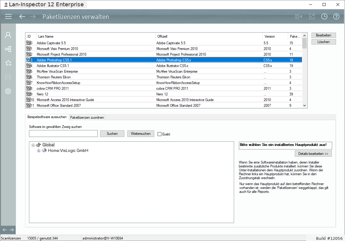 Lan-Inspector 12 – Screenshot zu Paketlizenzen verwalten
