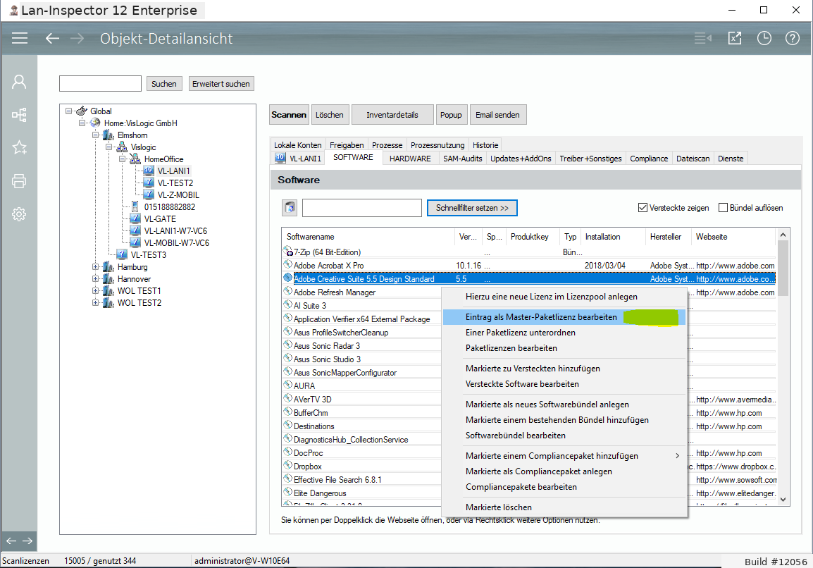 Lan-Inspector 12 – Screenshot zu Paketlizenzen aus anderen Ansichten generieren