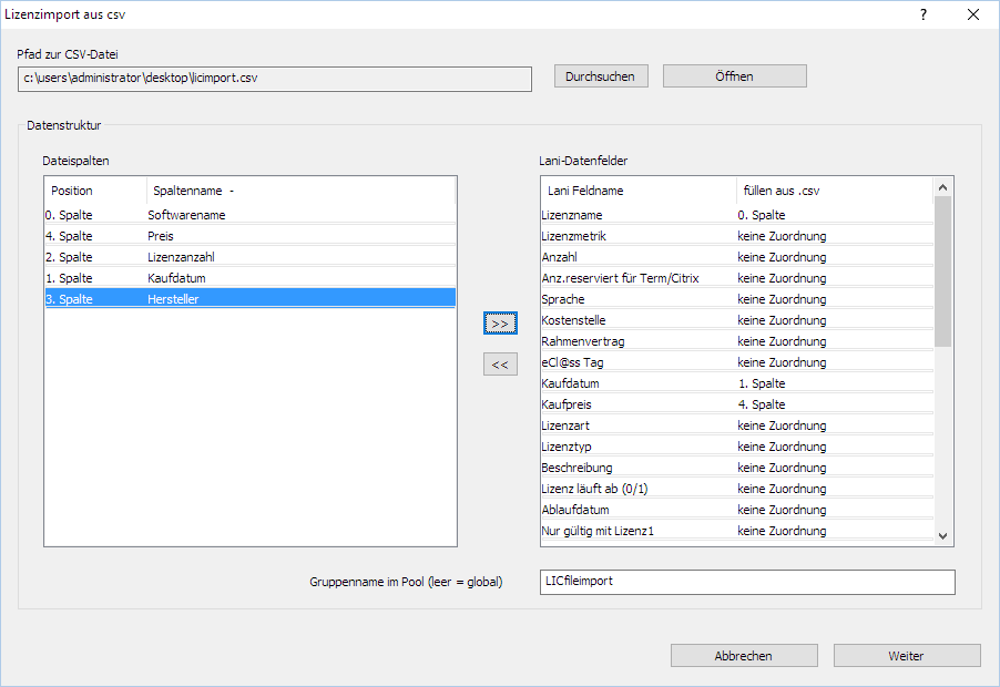 Lan-Inspector 12 – Screenshot zu Lizenzimport aus CSV-Datei