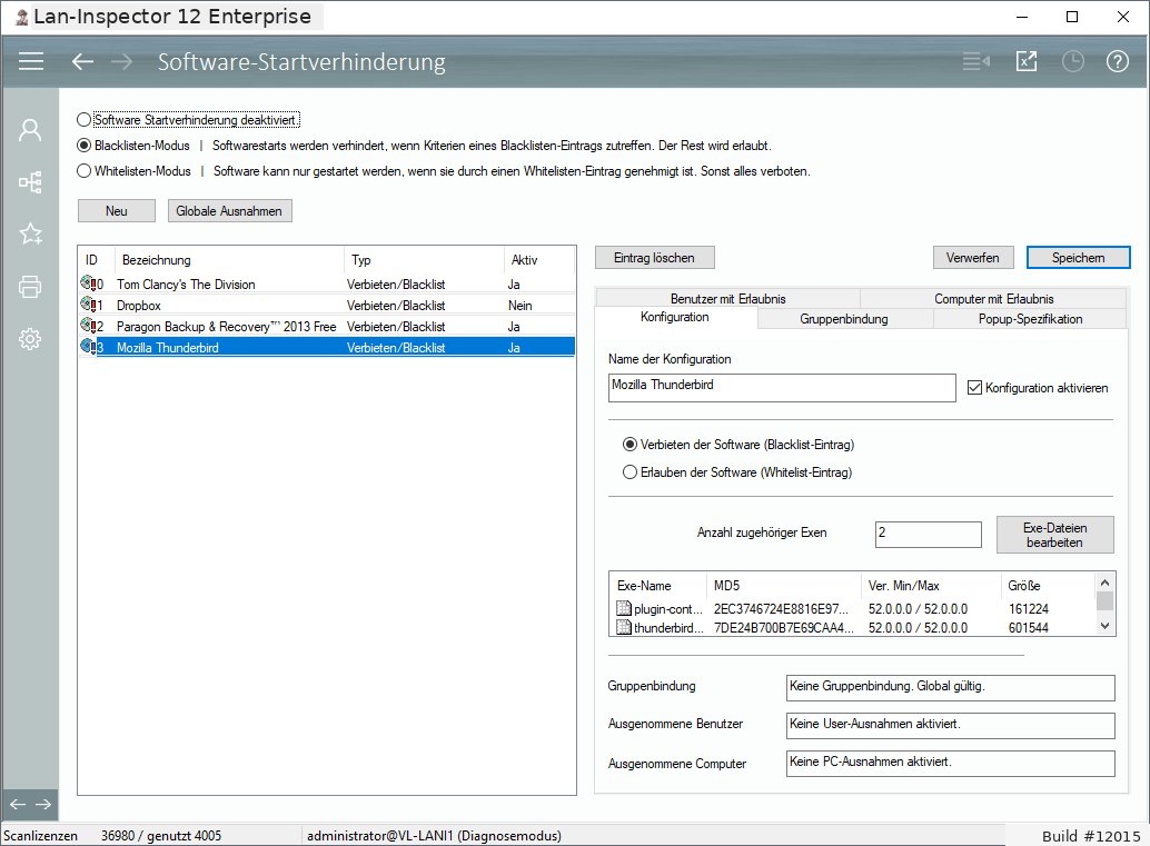 Lan-Inspector 12 – Screenshot zu Blacklist und Whitelist / Software-Startverhinderung