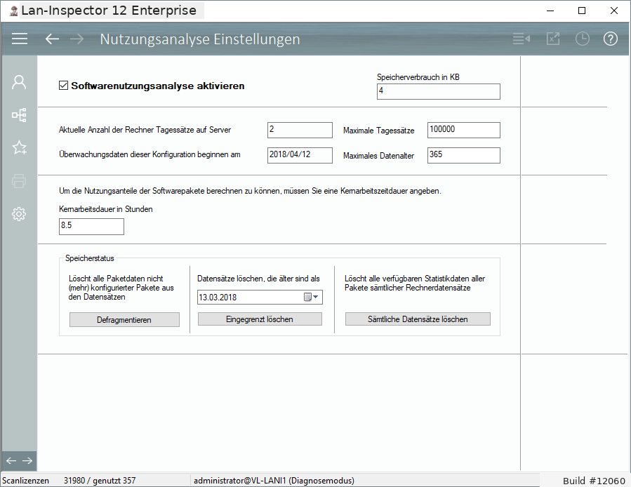Lan-Inspector 12 – Screenshot zu Nutzungsanalyse-Einstellungen