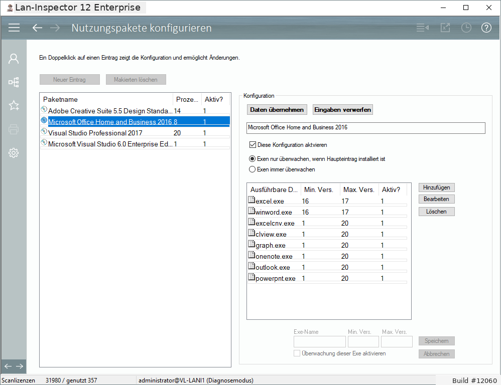 Lan-Inspector 12 – Screenshot zu Softwarenutzungsanalyse-Pakete auswählen