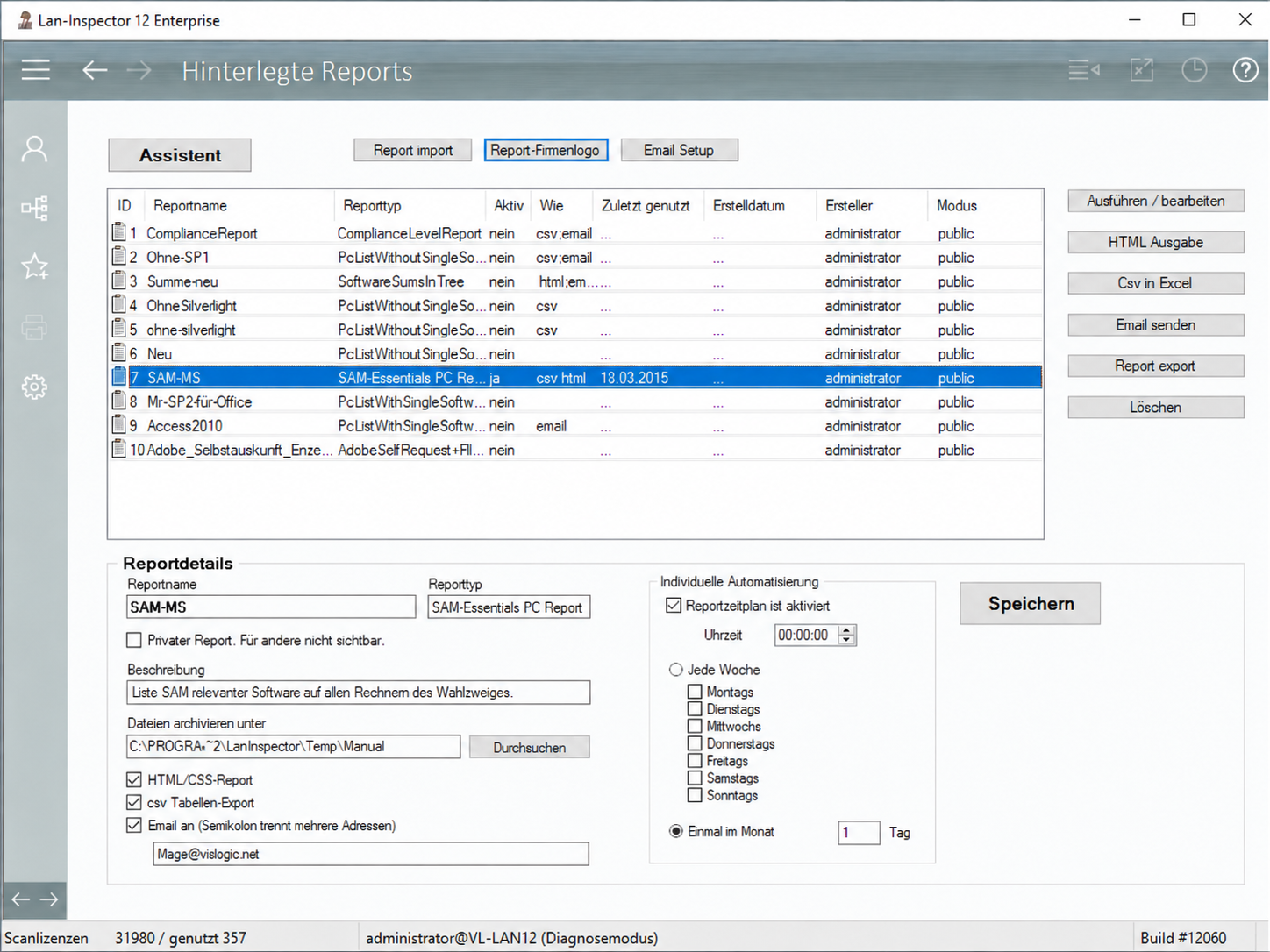 Reportmanagement mit hinterlegten Reports