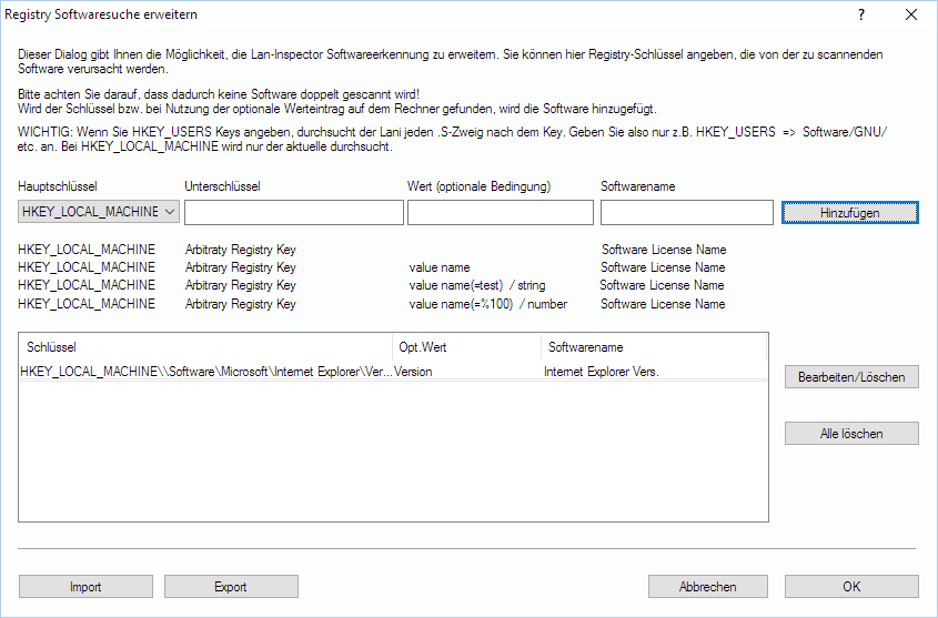 Lan-Inspector 12 – Screenshot zu Registry-Softwaresuche erweitern
