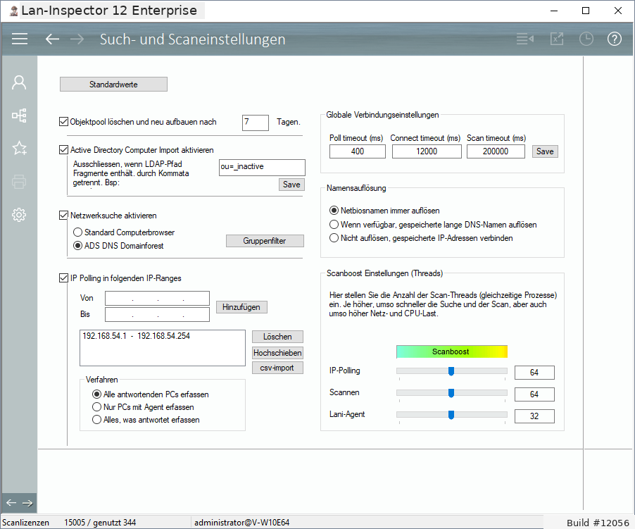 Lan-Inspector 12 – Screenshot zu Such- und Scaneinstellungen
