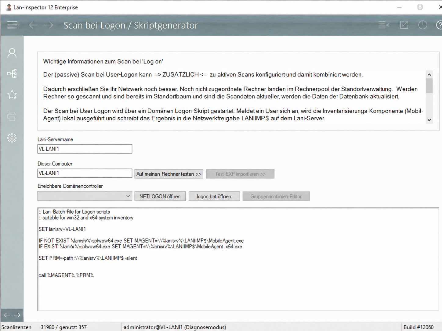 Lan-Inspector 12 – Screenshot zu Scan bei Log-on + Skriptgenerator