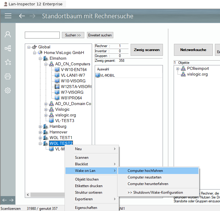 Lan-Inspector 12 – Screenshot zu Wake-on-LAN per Kontextmenü im Standortbaum