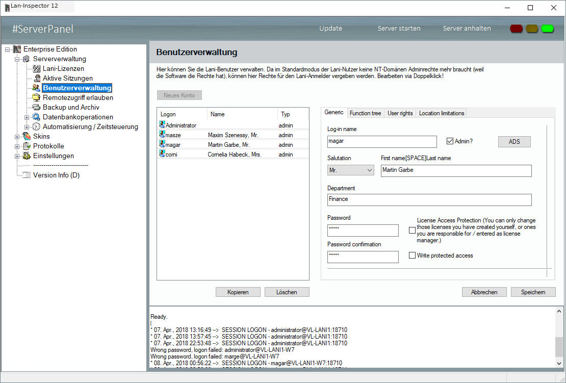 Lan-Inspector 12 – Screenshot zu Lan-Inspector-Benutzerkonten