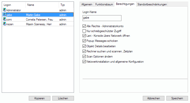 Lan-Inspector 12 – Screenshot zu Weitere Berechtigungen eines Lan-Inspector-Users