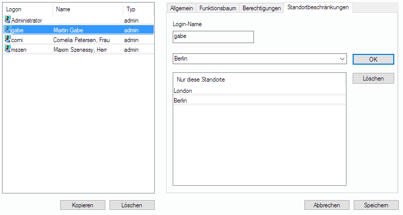 Lan-Inspector 12 – Screenshot zu User-Beschränkung auf bestimmte Standorte