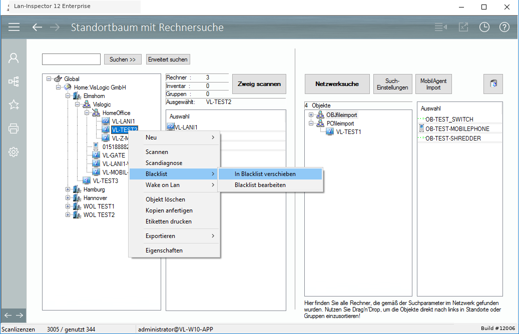 Lan-Inspector 12 – Screenshot zu Kontextmenüs zum Standortbaum