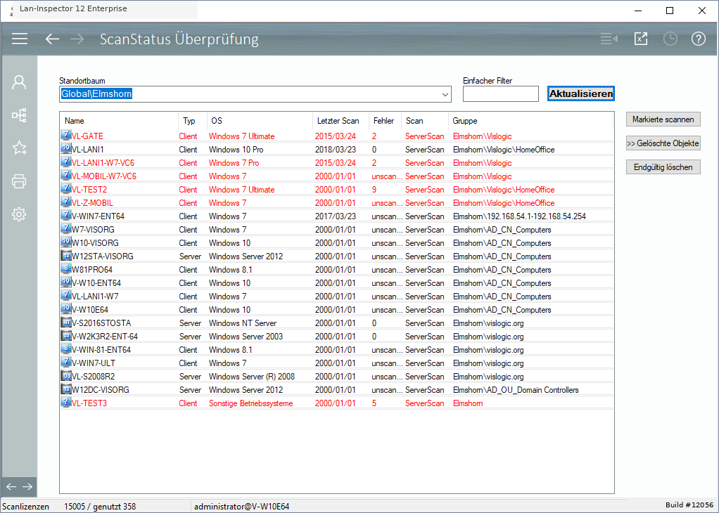 Lan-Inspector 12 – Screenshot zu Scanstatus-Überprüfung / Bereinigung der Daten