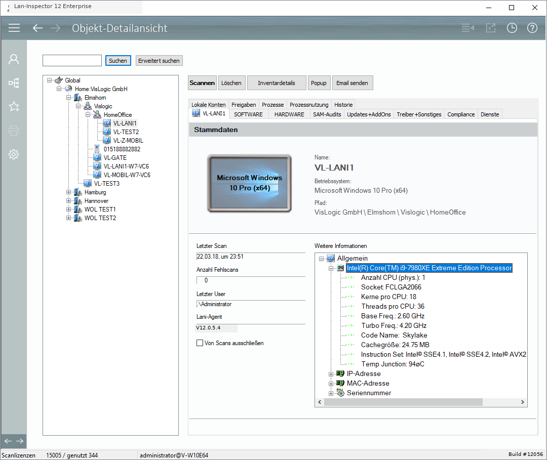 Lan-Inspector 12 – Screenshot zu Objekt-Detailansicht für Rechner-Objekte
