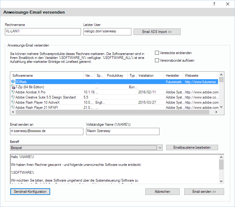 Lan-Inspector 12 – Screenshot zu Button E-Mail senden