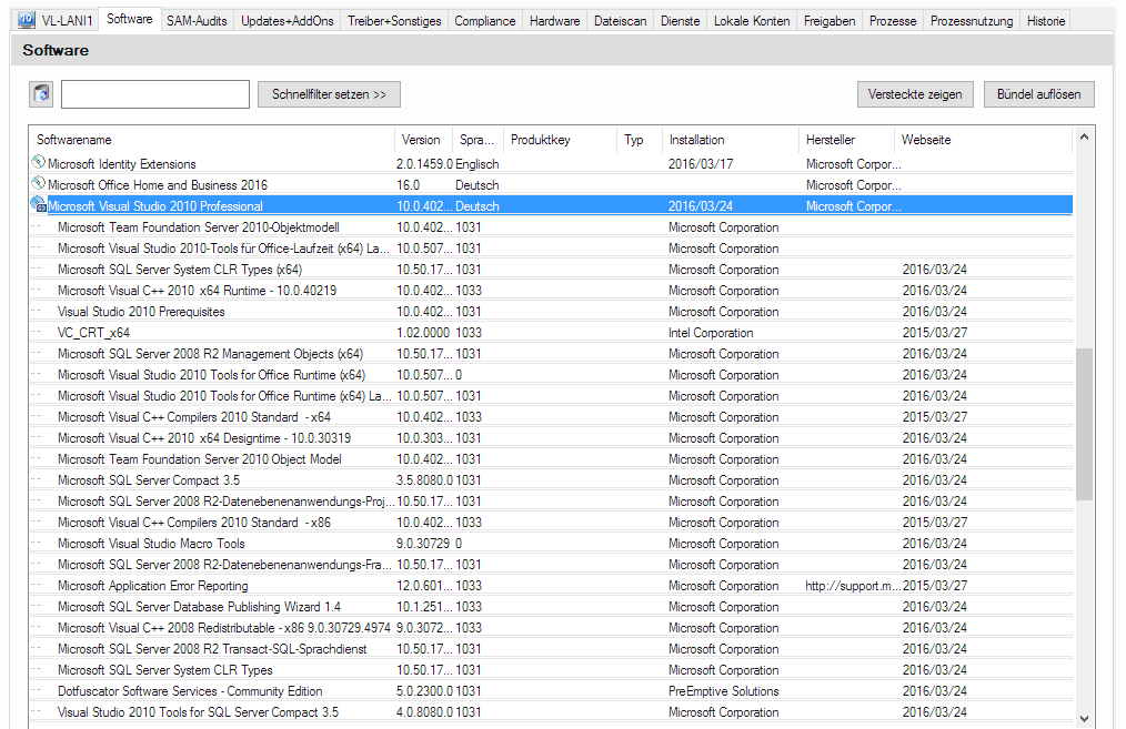 Lan-Inspector 12 – Screenshot zu Rechner-Objekt: Software (2)