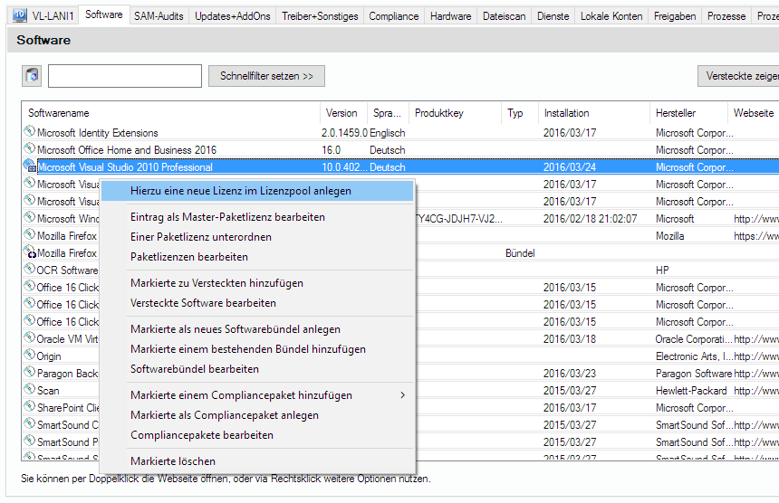 Lan-Inspector 12 – Screenshot zu Kontextmenü Software (Rechtsklick)