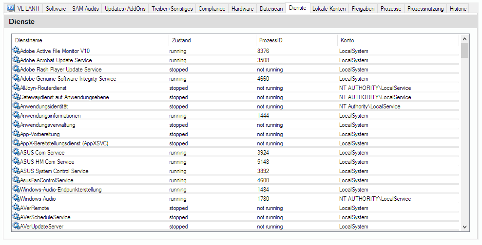 Lan-Inspector 12 – Screenshot zu Rechner-Objekt: Lokale Dienste