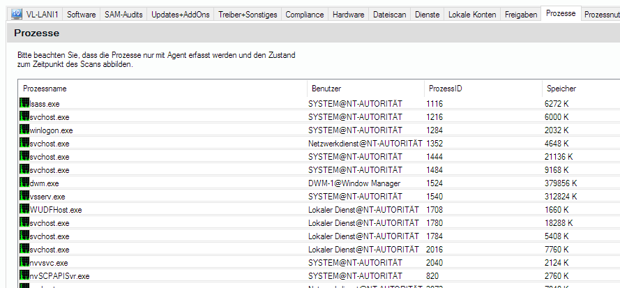 Lan-Inspector 12 – Screenshot zu Rechner-Objekt: Prozesse