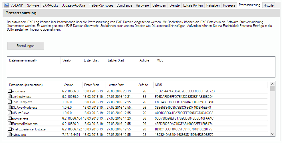 Lan-Inspector 12 – Screenshot zu Rechner-Objekt: Prozessnutzung / Executables