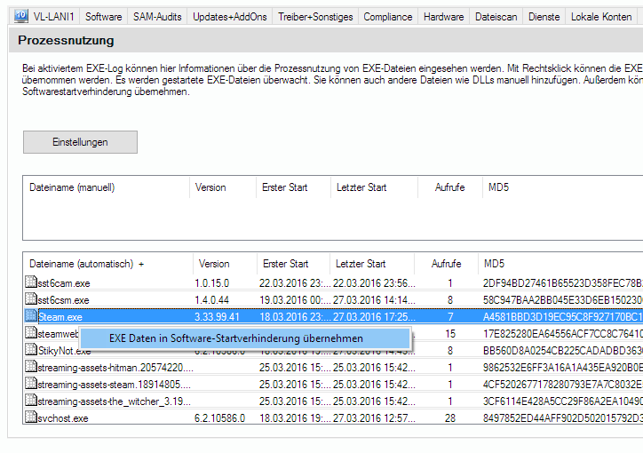 Lan-Inspector 12 – Screenshot zu Eintrag für die Software-Startverhinderung generieren
