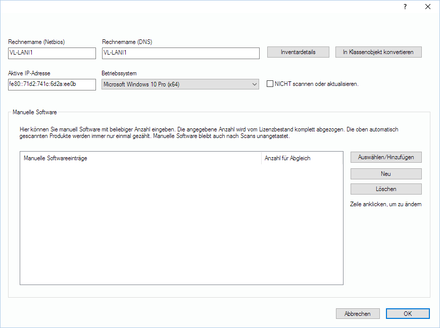 Lan-Inspector 12 – Screenshot zu Eigenschaften von Rechnerobjekten / Manuelle Software