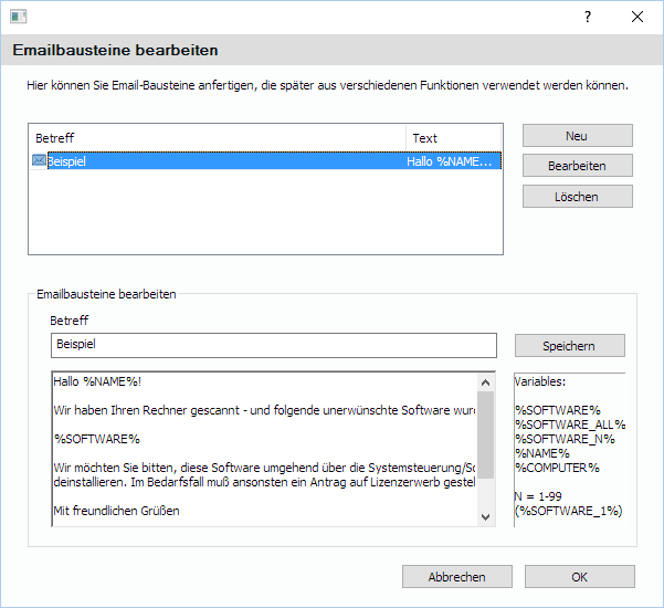 Lan-Inspector 12 – Screenshot zu E-Mail-Bausteine bearbeiten