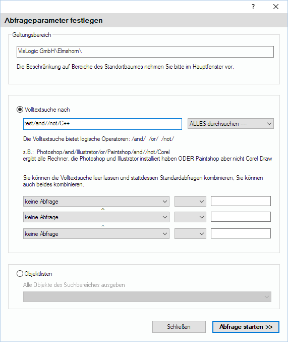 Lan-Inspector 12 – Screenshot zu Abfrageparameter, Volltextsuche und Inhaltssuche