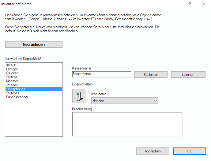 Lan-Inspector 12 – Screenshot zu Inventarklassen definieren