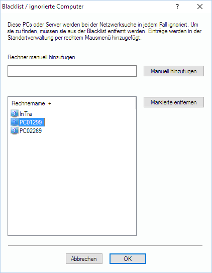 Lan-Inspector 12 – Screenshot zu Blacklist / ignorierte Computer