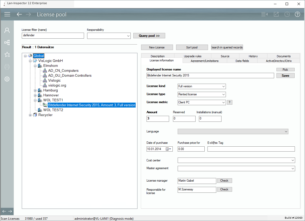 Lan-Inspector 12 screenshot for License Pool / License Entry