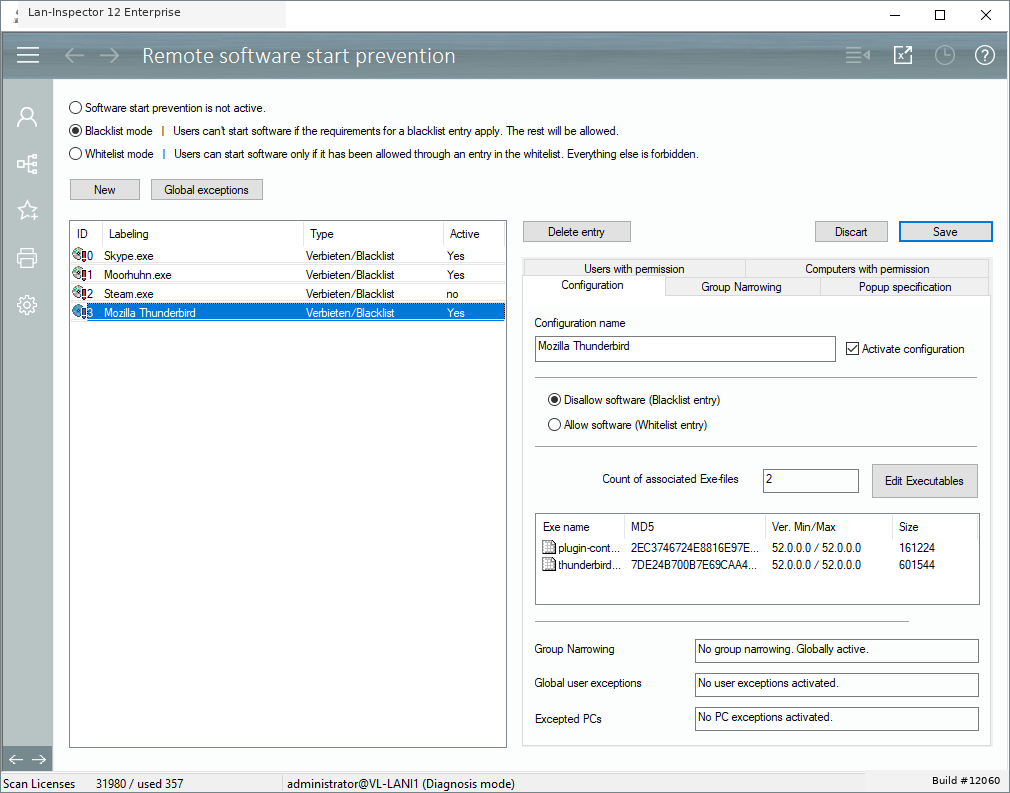 Lan-Inspector 12 screenshot for Blacklist and Whitelist / Software Start Prevention