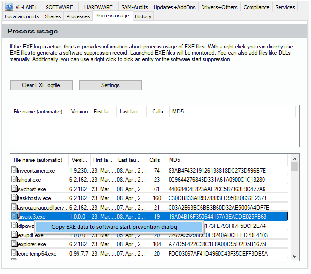 Lan-Inspector 12 screenshot for Get Exe Information from Object Details (Process Usage)