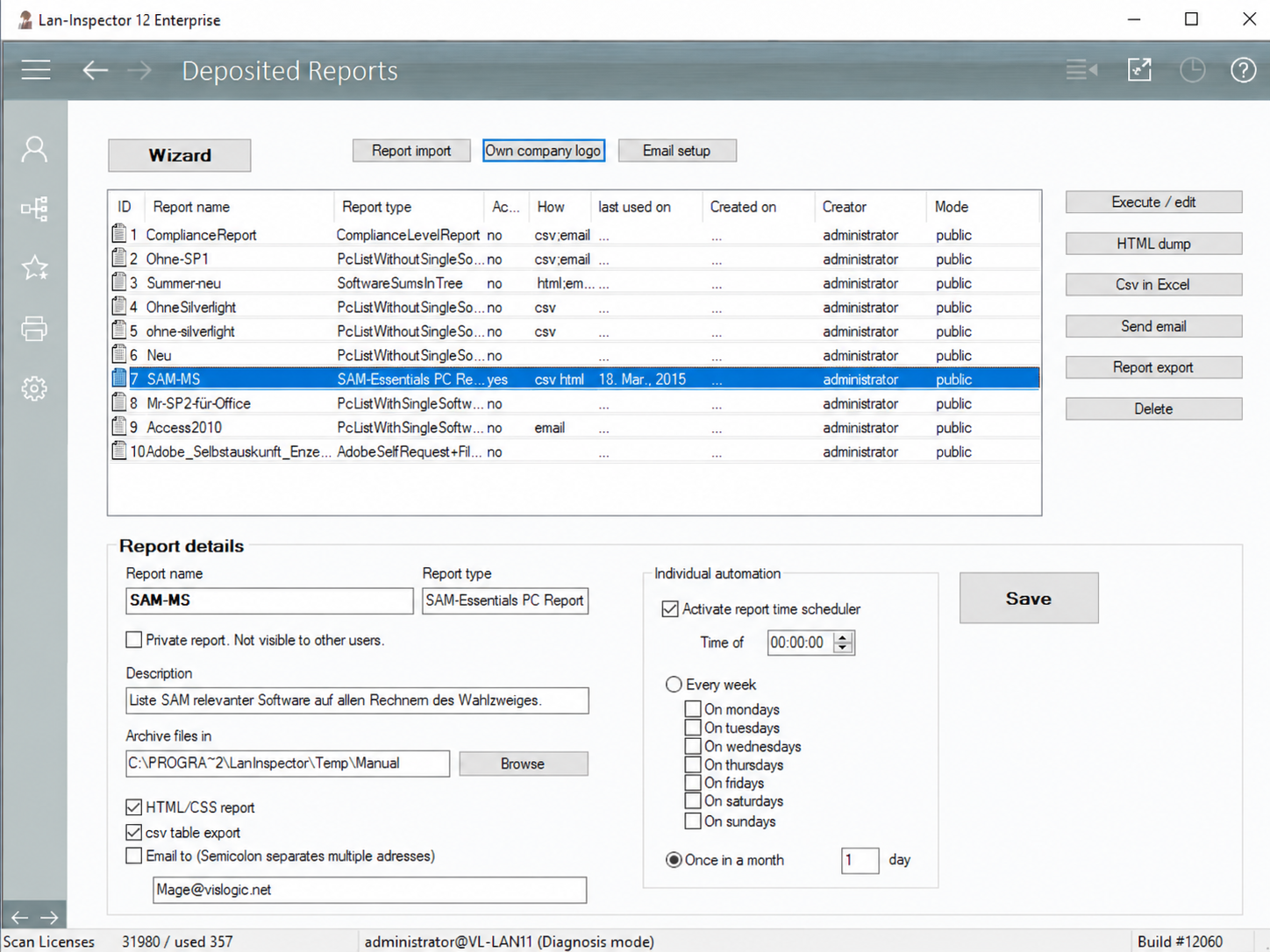 Deposited reports in Lan-Inspector Enterprise
