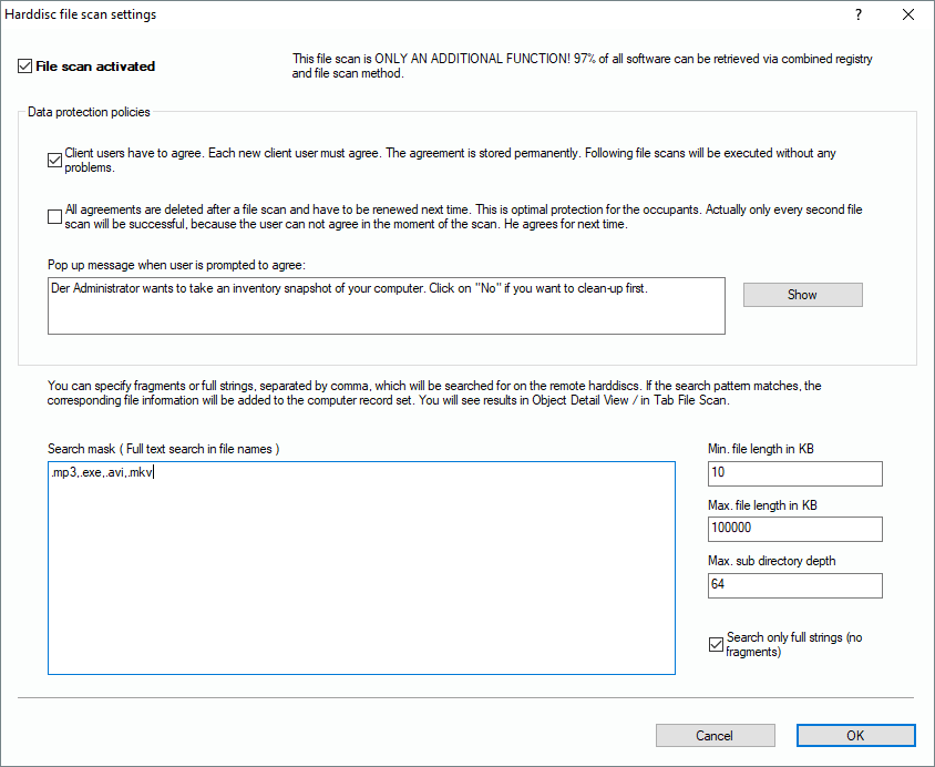 Lan-Inspector 12 screenshot for Partition File Scan Settings