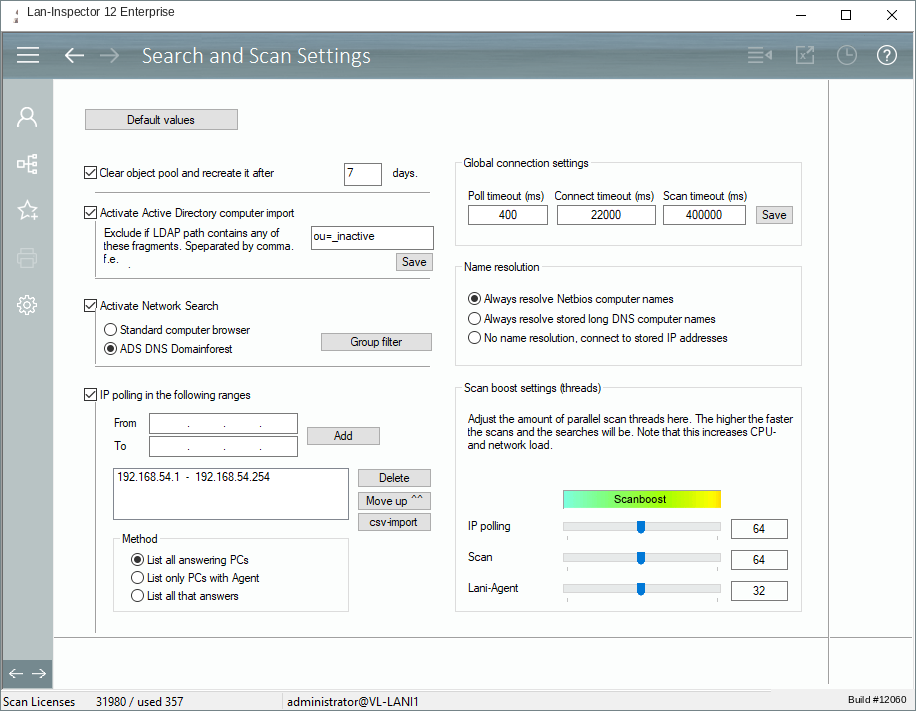 Lan-Inspector 12 screenshot for Search and Scan Settings
