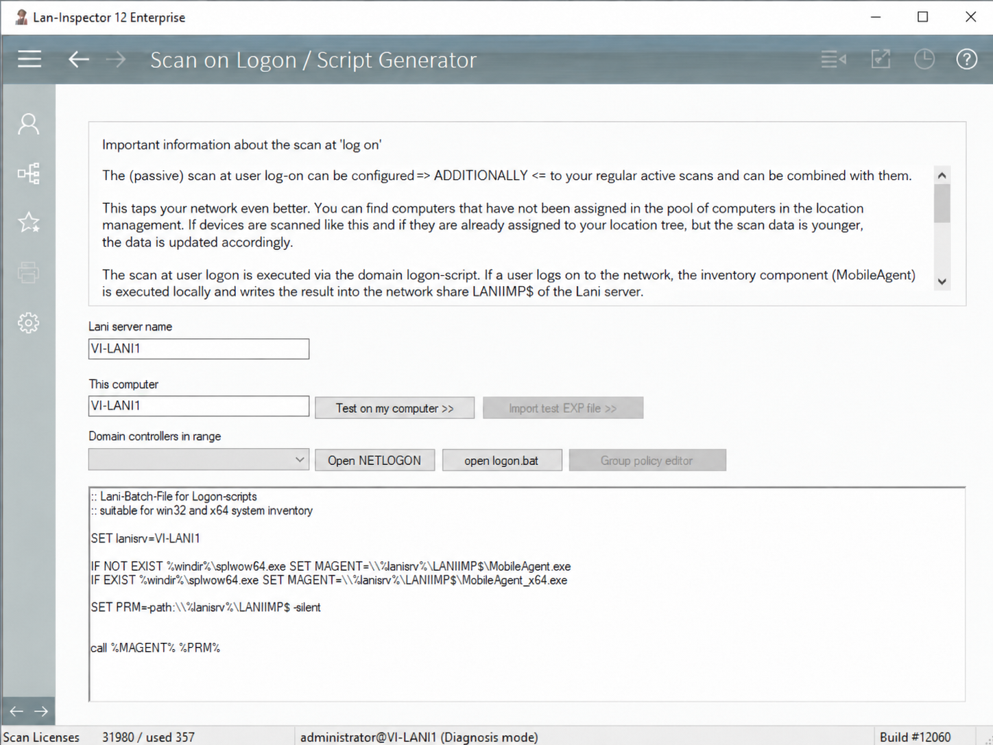 Lan-Inspector 12 screenshot for Scan on Logon / Script Generator