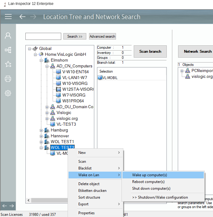 Lan-Inspector 12 screenshot for Wake-on-LAN via the Location Tree Context Menu