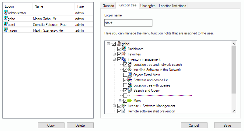 User-specific function tree