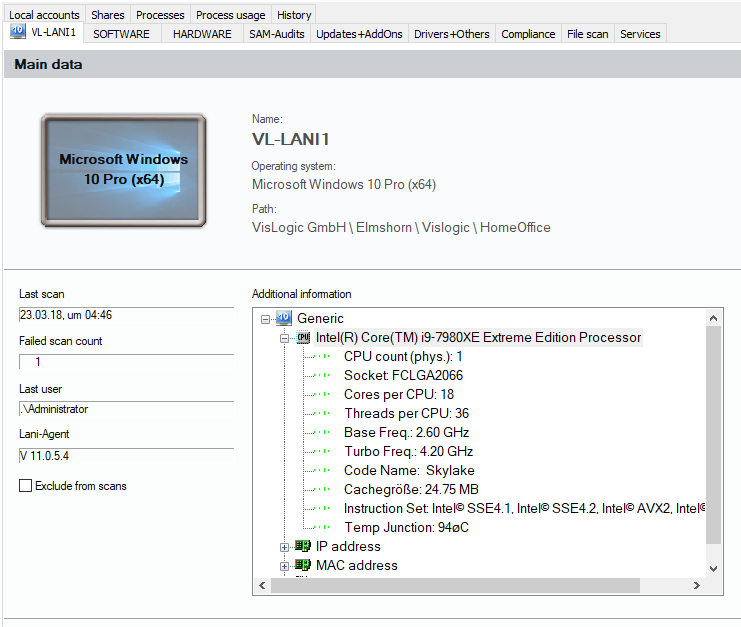 Lan-Inspector 12 screenshot for Computer Object: Overview Tab